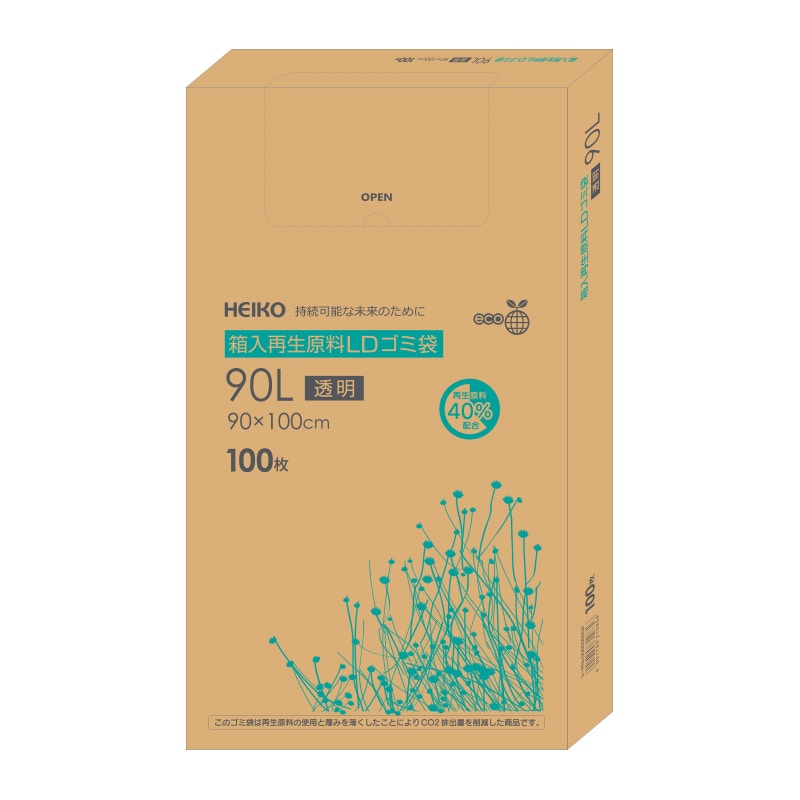 HEIKO 箱入再生原料LDゴミ袋 90L 透明 100枚