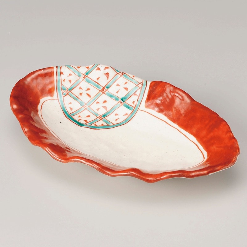 【直送品】金正陶器 赤絵緑格子花型楕円皿 1個（ご注文単位1個）