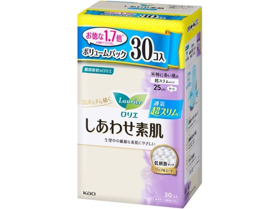 KAO ロリエ しあわせ素肌超スリム 特に多い 昼用羽つき 30個 1パック（ご注文単位1パック)【直送品】