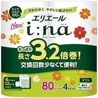 大王製紙 エリエール i：na(イーナ)トイレットティシュー 3.2倍巻 ダブル 芯あり 80m 4ロール/袋（ご注文単位1袋）【直送品】