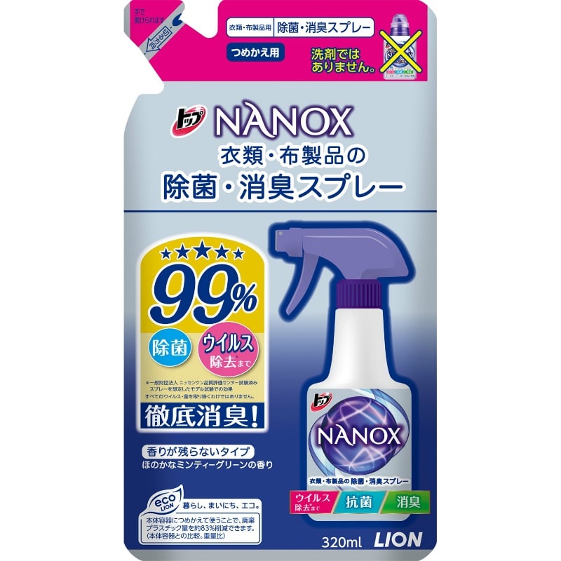 ライオン　トップNANOX 衣類・布製品の除菌・消臭スプレー 詰替え用　320ML 1個（ご注文単位1個）【直送品】