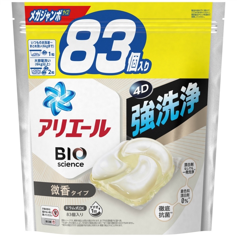 P＆Gジャパン合同会社　アリエールジェルボール4D微香　つめかえメガジャンボサイズ83個入 1袋（ご注文単位1袋）【直送品】