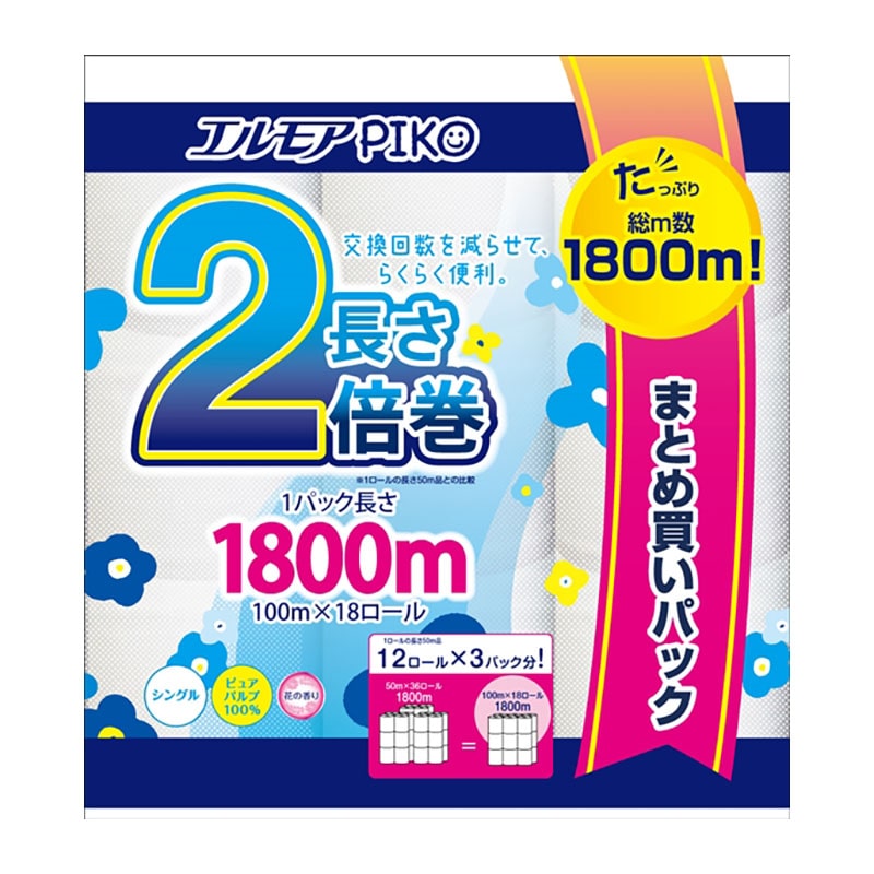 >カミ商事　エルモアピコ　2倍巻　18ロール　シングル　100M  1パック （ご注文単位4パック）【直送品】