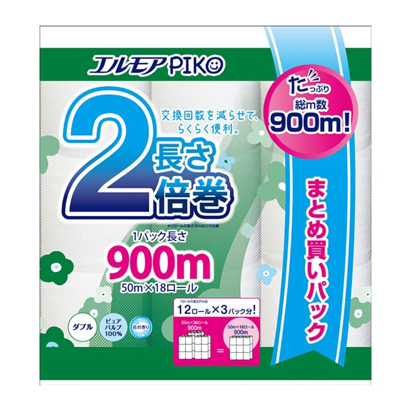 カミ商事　エルモアピコ　2倍巻　18ロール　ダブル　50M 1パック（ご注文単位4パック）【直送品】