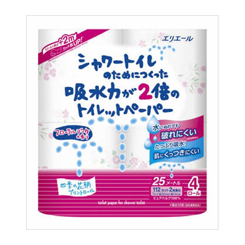 大王製紙　エリエール　シャワートイレのためにつくった吸水力が2倍のトイレットペーパー　フラワープリント　香水付き　ダブル　4ロール 1パック（ご注文単位1パック）【直送品】