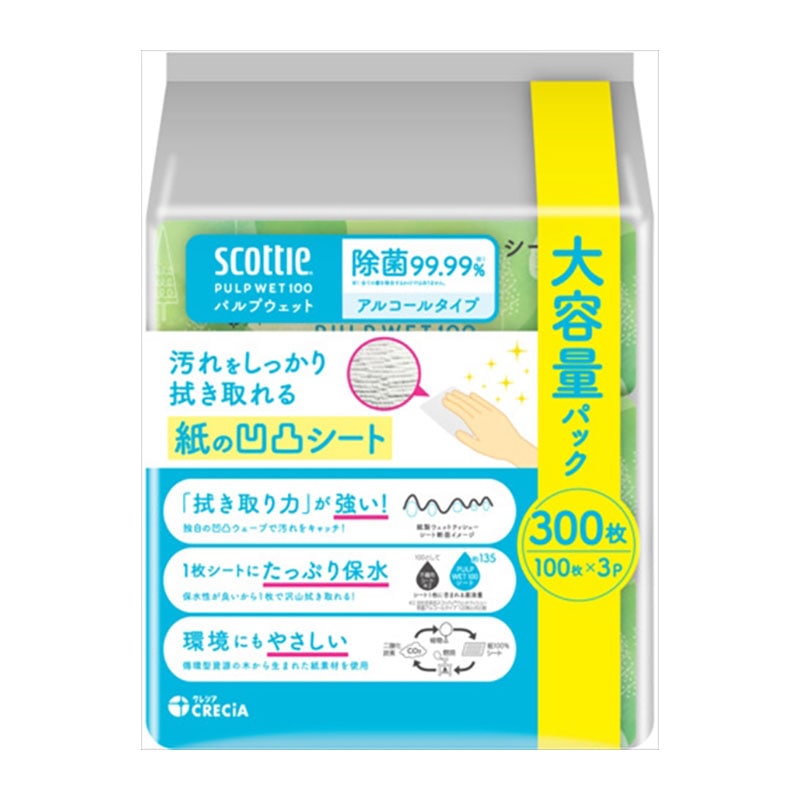 日本製紙クレシア　スコッティ　ウェットティシュー　除菌　アルコールタイプ　パルプ　100枚×3個パック 1セット（ご注文単位1セット）【直送品】