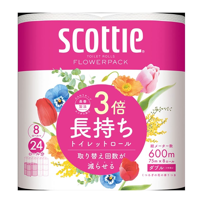 日本製紙クレシア　スコッティ　フラワーパック　3倍長持ち　ダブル　8ロール 1パック（ご注文単位6パック）【直送品】