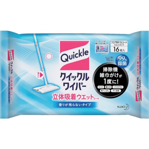 >トラスコ中山 Kao クイックルワイパー 立体吸着ウエットシート 16枚入（ご注文単位1袋）【直送品】