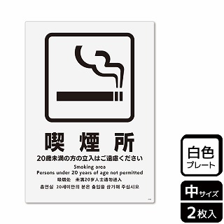 （株）KALBAS プラスチックプレート　タテ中 喫煙所　20歳未満の方の立入はご遠慮 KTK3102 1パック（ご注文単位1パック）【直送品】