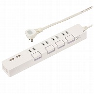 オーム電機 HS-TPKU42W-22 00-1668 節電タップ光る押しボタンスイッチ雷ガード4個口 USBポート付き 2mホワイト（ご注文単位1袋）【直送品】