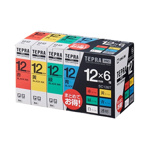 キングジム ラベルテープ ベーシックパック 6種セット SC126T 赤、黄、緑、青、白、透明 ［黒文字 /12mm幅］ SC126T 1個（ご注文単位1個）【直送品】