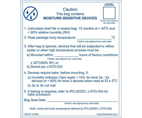 DESCO ラベル 防湿バッグ IPC/JEDEC J-STD 020 1巻(100枚入) 06736 1巻 (ご注文単位1巻)【直送品】