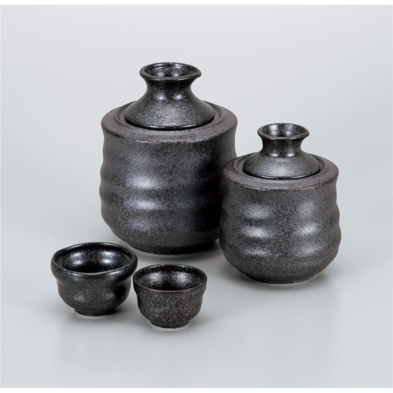 B469b 織部「酒器」「酒燗器」セット　金野光賀作　共箱　有神窯　尾道 おちょこ 4点セット 総柄 花柄 酒器セット お猪口が4個セット 4