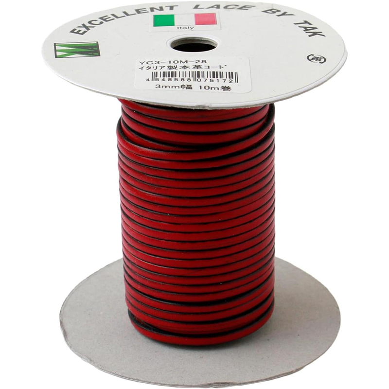 日本紐釦貿易 イタリア製本革コード 3ｍｍ幅 10ｍ巻 赤 YC3-10M-28 （ご注文単位1巻）【直送品】